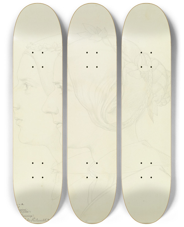 Triptych art skateboard deck of Eduard Von Steinle Maximiliane Von Arnim Grfin Oriolla Und Armgart Von Arnim Grfin Flemming Im Profil Nach Links by Eduard Von Steinle (1810-1886)