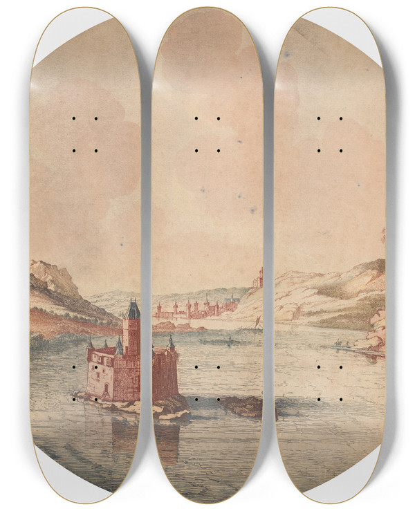 Triptych art skateboard deck of Jan Van Call Gezicht Op Burcht Pfalzgrafenstein Bij Kaub by Jan Van Call