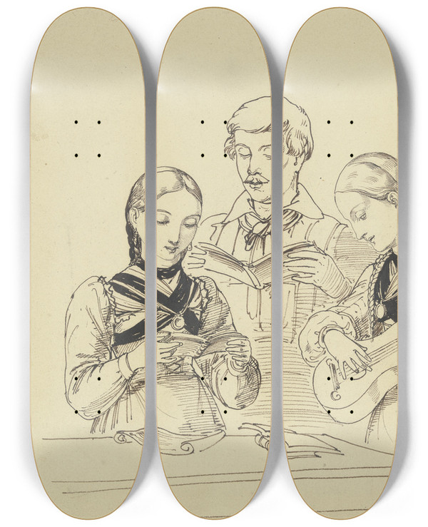 Triptych art skateboard deck of Ferdinand Fellner A Terzet by Ferdinand Fellner (1799-1859)
