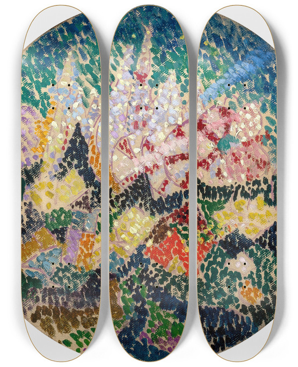 Triptych art skateboard deck of Joseph Stella Pointillist Abstraction Flowers by Joseph Stella (1877-1946)