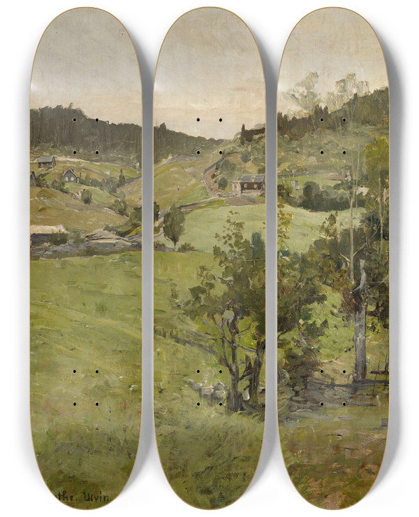 Triptych art skateboard deck of Gerhard Munthe Cotters Farms by Gerhard Munthe (1849-1929)