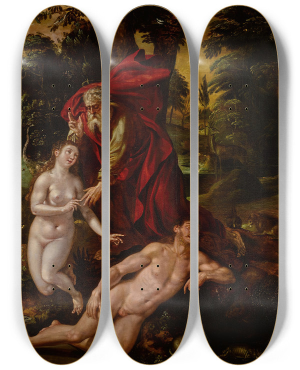 Triptych art skateboard deck of Maerten De Vos The Creation Of Eve by Maerten De Vos (1532-1603)