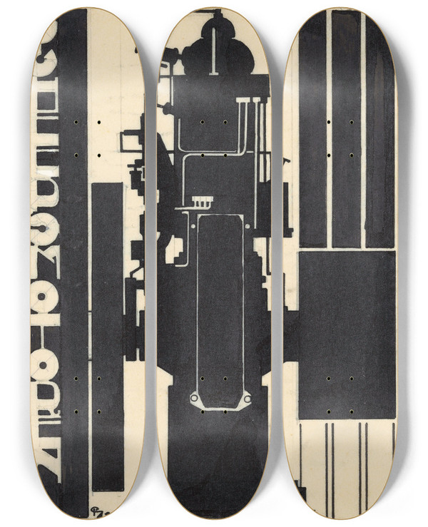 Triptych art skateboard deck of Reijer Stolk Ontwerp Voor Reclame Voor Avance Stationnaire Scheepsmotoren by Reijer Stolk (1896-1945)