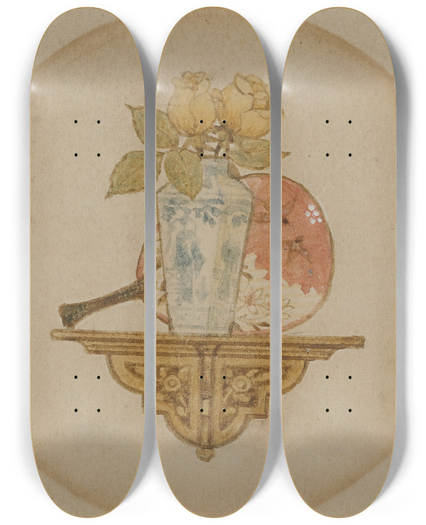 Triptych art skateboard deck of John George Sowerby Vignette Of Fan And Vase On A Shelf by John George Sowerby (1849-1914)