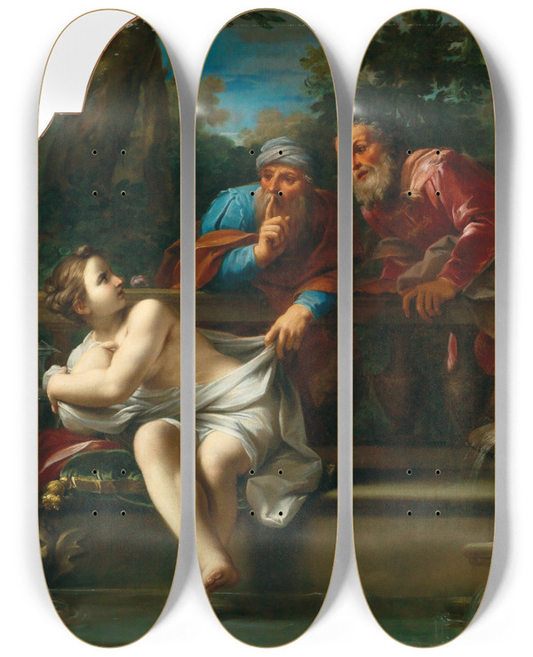 Triptych art skateboard deck of Marcantonio Franceschini Susanna And The Elders by Marcantonio Franceschini (1648-1729)