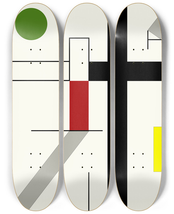 Triptych art skateboard deck of Myriam Thyes Four Irregular Spaces by Myriam Thyes (1963)