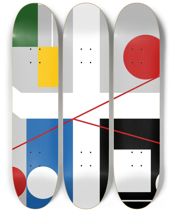 Triptych art skateboard deck of Myriam Thyes Four Spaces With Red Rolling Circles by Myriam Thyes (1963)