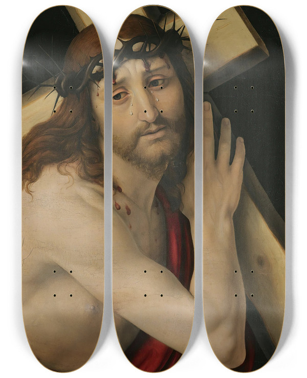 Triptych art skateboard deck of Andrea Solario Christ Carrying The Cross by Andrea Solario (1460-1524)