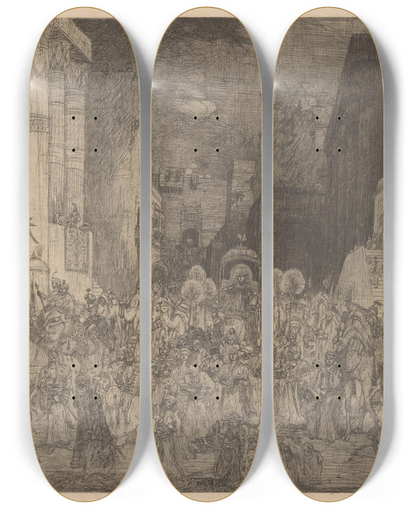 Triptych art skateboard deck of Marius Bauer Koningin Van Seba In Jeruzalem by Marius Bauer (1867-1932)