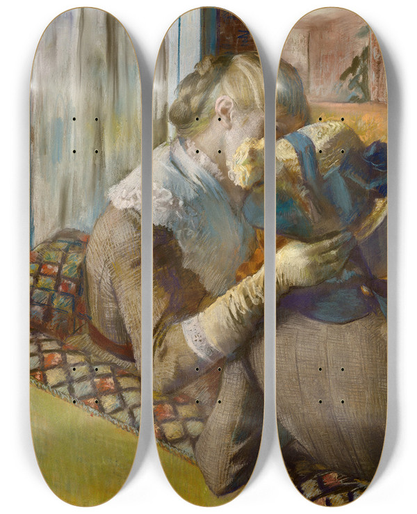 Triptych art skateboard deck of Edgar Degas At The Milliners_1 by Edgar Degas (1834-1917)