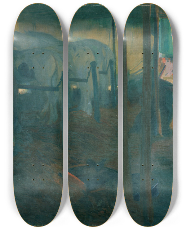 Triptych art skateboard deck of Otto Friedrich Zirkusstudie An Der Longe by Otto Friedrich (1862-1937)
