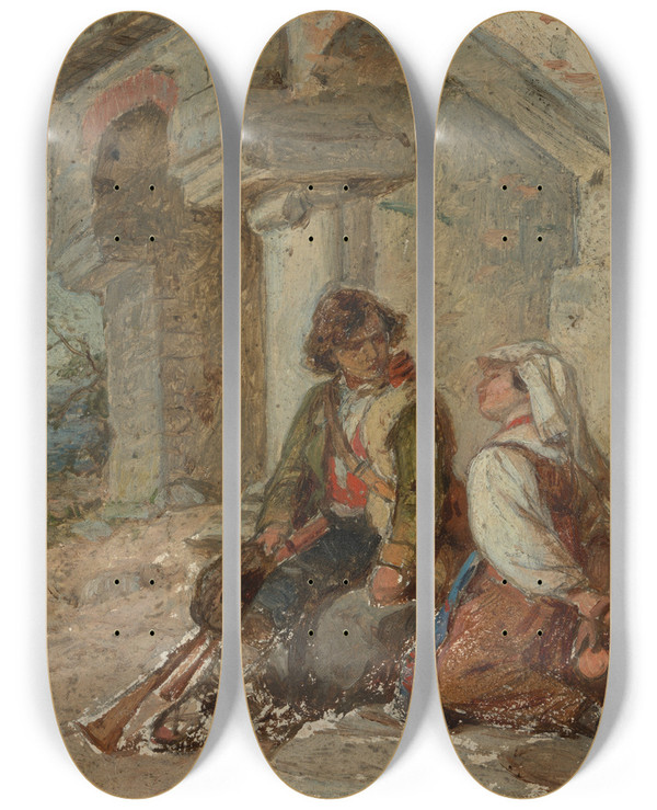 Triptych art skateboard deck of Johann Grund Italienisches Paar by Johann Grund (1808-1887)