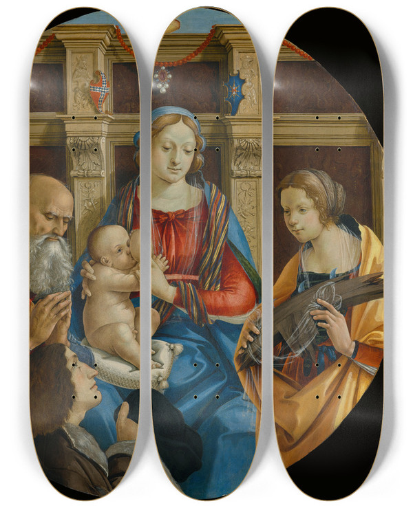 Triptych art skateboard deck of Michelangelo Di Pietro Membrini Madonna And Child With A Male Saint Catherine Of Alexandria And A Donor by Michelangelo Di Pietro Membrini (1461-1525)