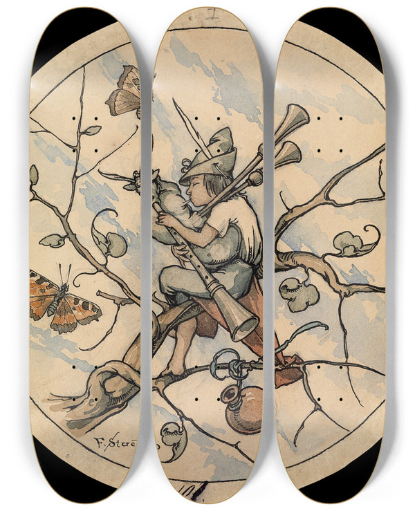 Triptych art skateboard deck of Franz Von Stuck Dudelsackpfeifer by Franz Von Stuck (1863-1928)