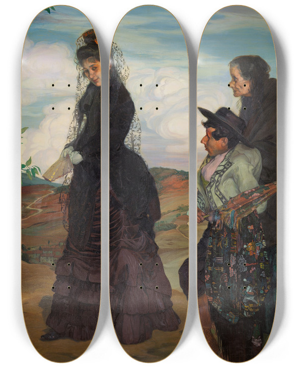 Triptych art skateboard deck of Ignacio Zuloaga La Gitana by Ignacio Zuloaga (1870-1945)