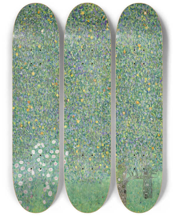 Triptych art skateboard deck of Gustav Klimt Rosebushes Under The Trees by Gustav Klimt (1862-1918)