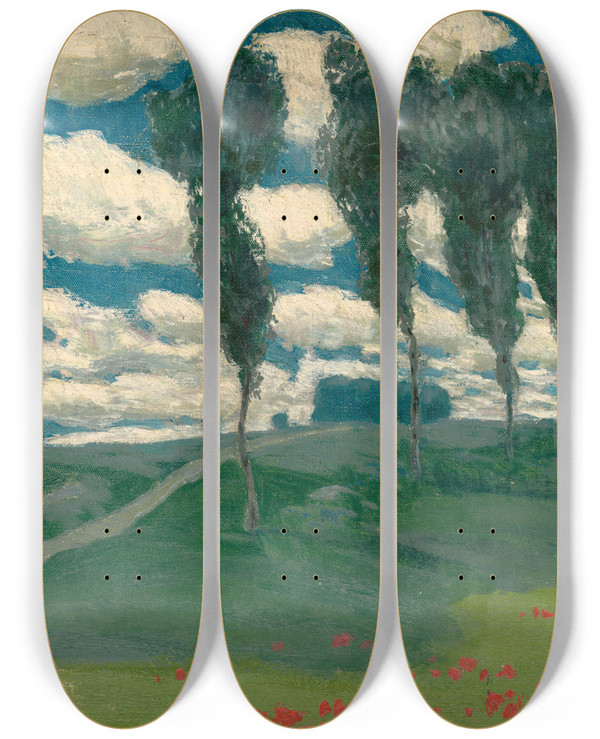 Triptych art skateboard deck of Alois Kalvoda Spring Landscape With Poplar Trees by Alois Kalvoda (1875-1934)