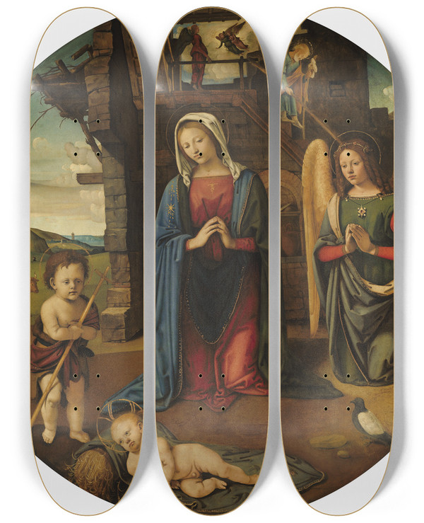 Triptych art skateboard deck of Piero Di Cosimo The Nativity With The Infant Saint John by Piero di Cosimo (1462-1521)