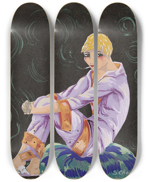 Triptych art skateboard deck of S Chompr Zittende Vrouw Met Sigaret by S Chompre (20-)
