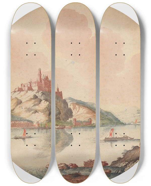 Triptych art skateboard deck of Johann Teyler Gezicht Op Kasteel Rheinfels Aan De Rijn by Johann Teyler (1648-1709)