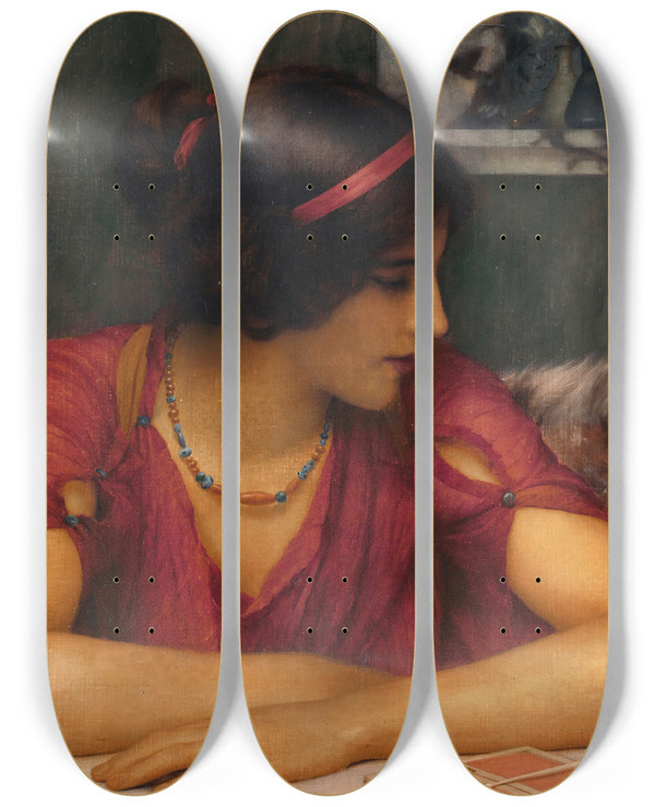 Triptych art skateboard deck of John William Godward The Letter A Classical Maiden by John William Godward (1861-1922)