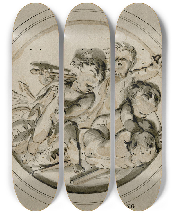 Triptych art skateboard deck of Jacob De Wit Stoeiende Putti In Een Medaillon by Jacob de Wit (1695-1754)