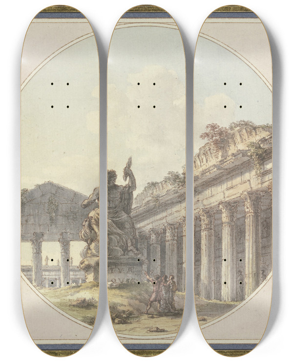 Triptych art skateboard deck of Victorjean Nicolle Architektonisches Capriccio Inneres Einer Tempelruine Mit Einer Statue Des Jupiter Tonans Und Figurenstaffage by Victor-Jean Nicolle (1754-1826)