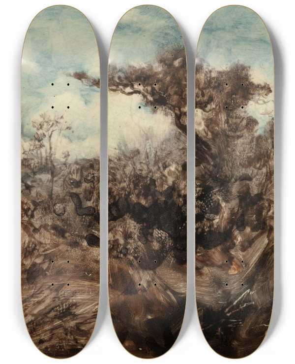 Triptych art skateboard deck of Robert Swain Gifford Figure In Tree by Robert Swain Gifford (1840-1905)