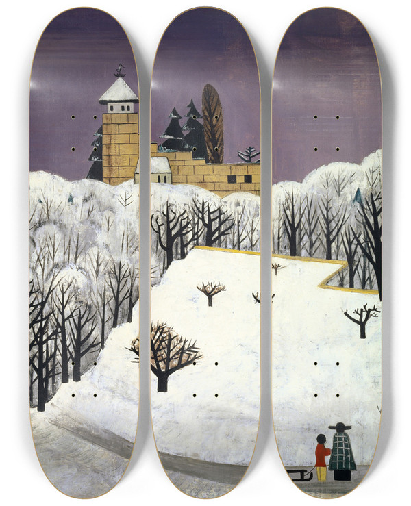 Triptych art skateboard deck of Fritz Baumann Birseck Castle In The Snow by Fritz Baumann (1886-1942)