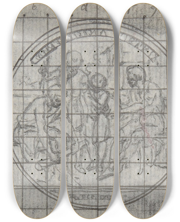 Triptych art skateboard deck of Hubertfranois Gravelot Design For A Boxlid Or Medal by Hubert-Franois Gravelot (1699-1773)