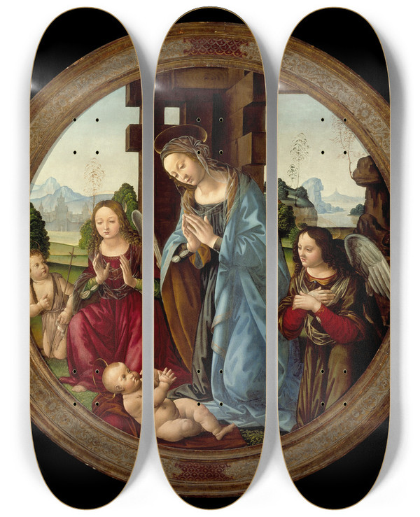Triptych art skateboard deck of Tommaso Virgin Adoring The Christ Child With St John The Baptist And Two Angels by Tommaso (1500-1550)