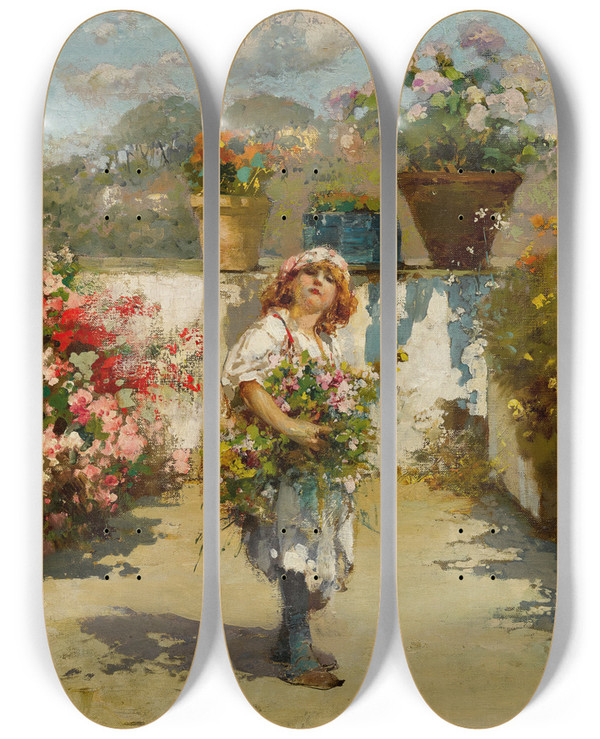 Triptych art skateboard deck of Vincenzo Irolli Primavera by Vincenzo Irolli (1860-1949)