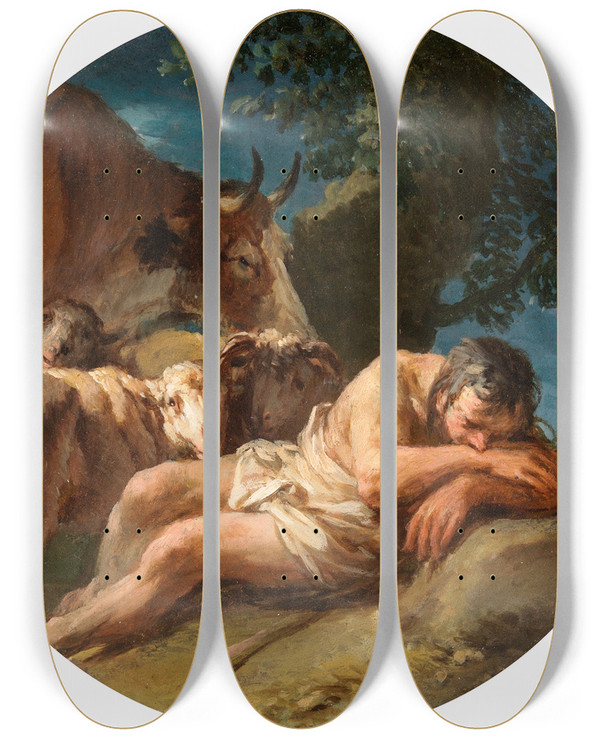 Triptych art skateboard deck of Christian Wilhelm Ernst Dietrich The Sleeping Shepherd by Christian Wilhelm Ernst Dietrich (1712-1774)