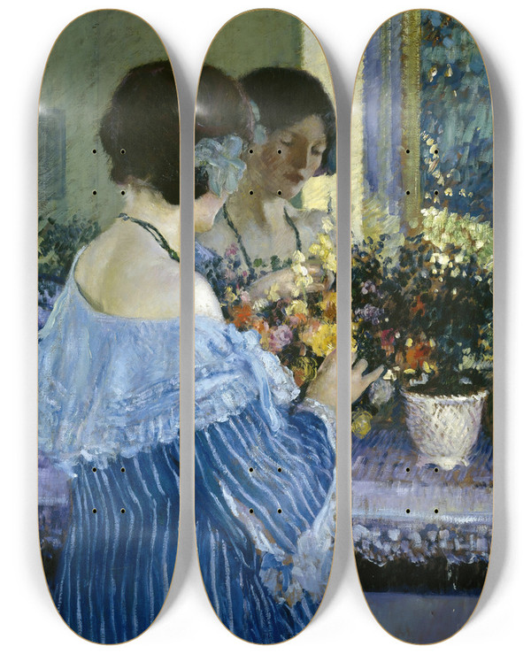 Triptych art skateboard deck of Frederick Carl Frieseke Girl In Blue Arranging Flowers by Frederick Carl Frieseke (1874-1939)