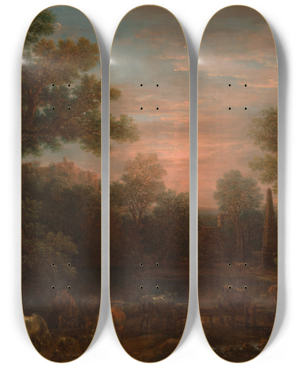 Triptych art skateboard deck of John Wootton Classical Landscape Evening by John Wootton (1686-1765)