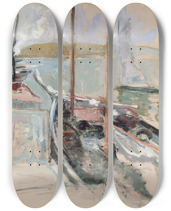 Triptych art skateboard deck of John Henry Twachtman Harbor Scene by John Henry Twachtman (1853-1902)