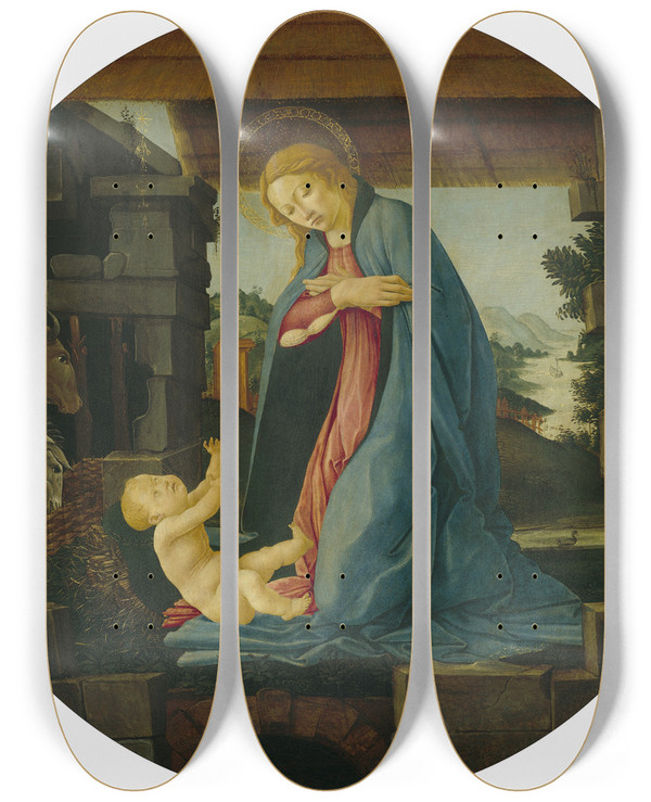 Triptych art skateboard deck of Sandro Botticelli The Virgin Adoring The Child by Sandro Botticelli (1444-1510)