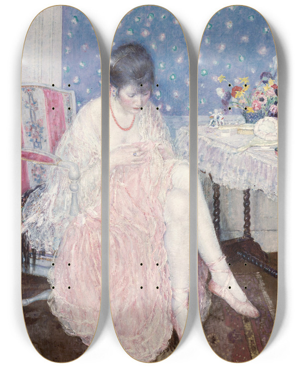 Triptych art skateboard deck of Frederick Carl Frieseke Torn Lingerie by Frederick Carl Frieseke (1874-1939)