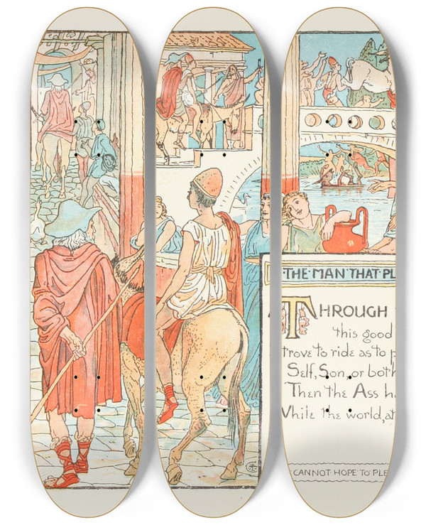 Triptych art skateboard deck of Walter Crane The Man That Pleased None by Walter Crane (1845-1915)
