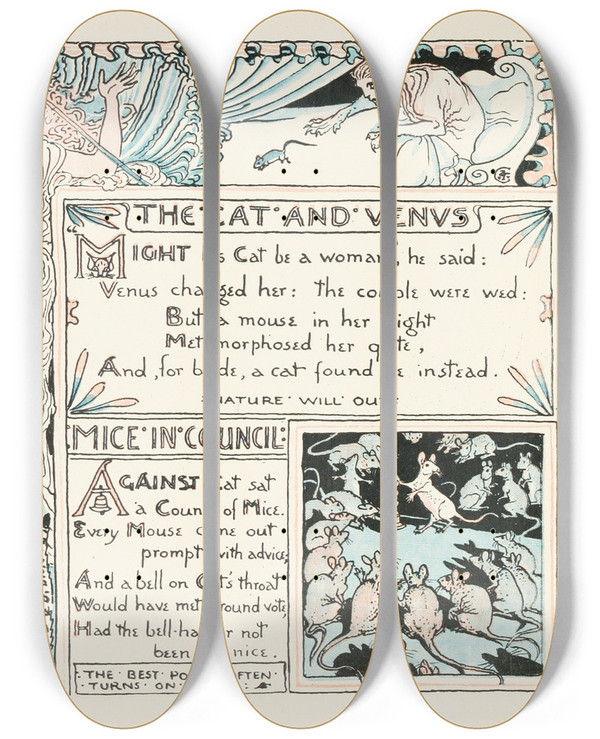 Triptych art skateboard deck of Walter Crane The Cat And Venus Mice In Council by Walter Crane (1845-1915)