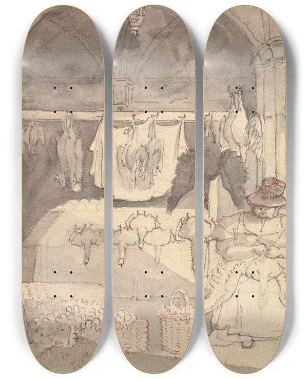 Triptych art skateboard deck of William Henry Pyne Poulterers Shop by William Henry Pyne (1769-1843)