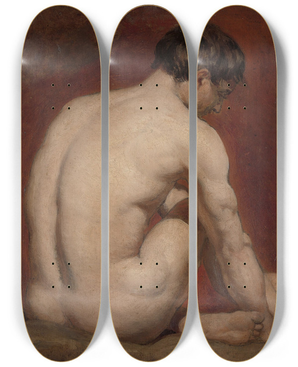 Triptych art skateboard deck of William Etty Male Nude Kneeling From The Back by William Etty (1787-1849)