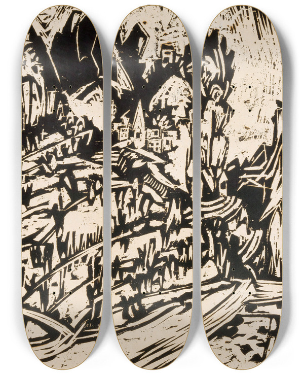 Triptych art skateboard deck of Albert Mller Tessinerlandschaft Ii by Albert Muller (1897-1926)
