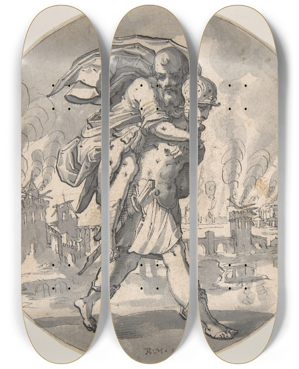 Triptych art skateboard deck of Rudolf Meyer Aeneas Rescues His Father From Burning Troy by Rudolf Meyer (1803-1857)