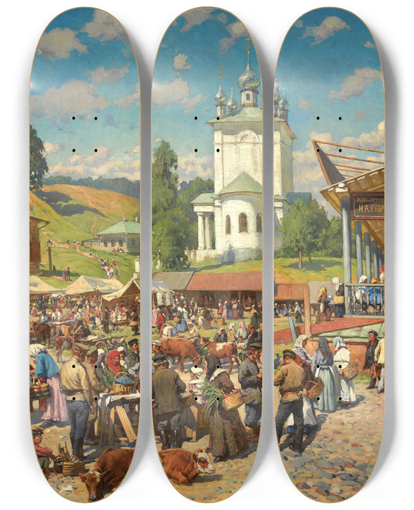 Triptych art skateboard deck of Alexander Vladimirovich Makovsky Market Day In Plyos by Alexander Vladimirovich Makovsky (1869-1924)