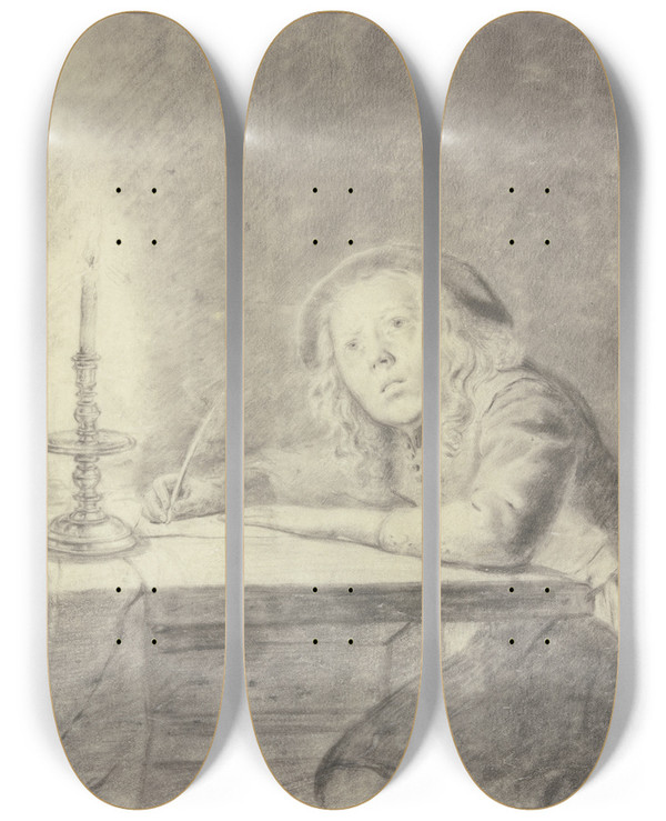 Triptych art skateboard deck of Pieter Cornelisz Van Slingelandt Knabe Bei Licht Schreibend by Pieter Cornelisz Van Slingelandt (1640-1691)