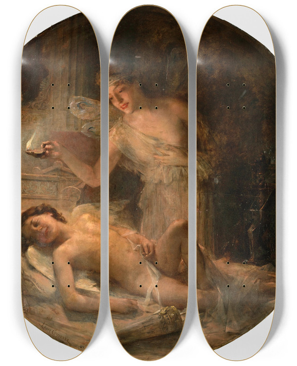 Triptych art skateboard deck of Lon Franois Comerre Psyche Discovers Cupid by Leon Francois Comerre (1850-1916)
