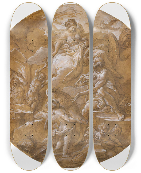 Triptych art skateboard deck of Sebastiano Conca Venusat The Forge Of Vulcan by Sebastiano Conca (1676-1764)