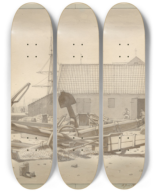 Triptych art skateboard deck of Christoffer Wilhelm Eckersberg Skibsankre P Larsens Plads by Christoffer Wilhelm Eckersberg (1783-1853)