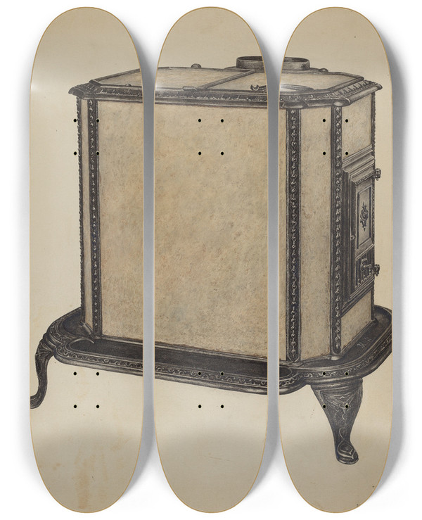 Triptych art skateboard deck of Raymond Neumann Soap Stone Stove by Raymond Neumann